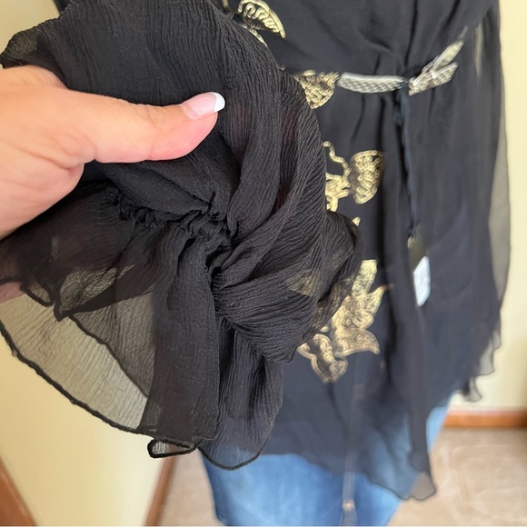 Miss Sixty 100% Silk Black Empire Waist Gold Buckle Puffy Sleeve Blouse NWT - Picture 6 of 14